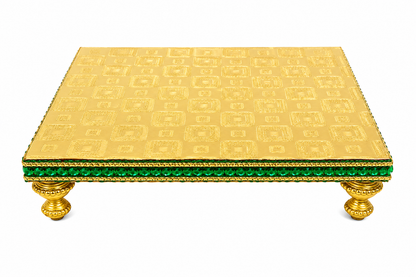 Pooja Chaurang | Wood with Golden Cover | Green Border | 6x6 Inch Square | Sacred Pooja Seat