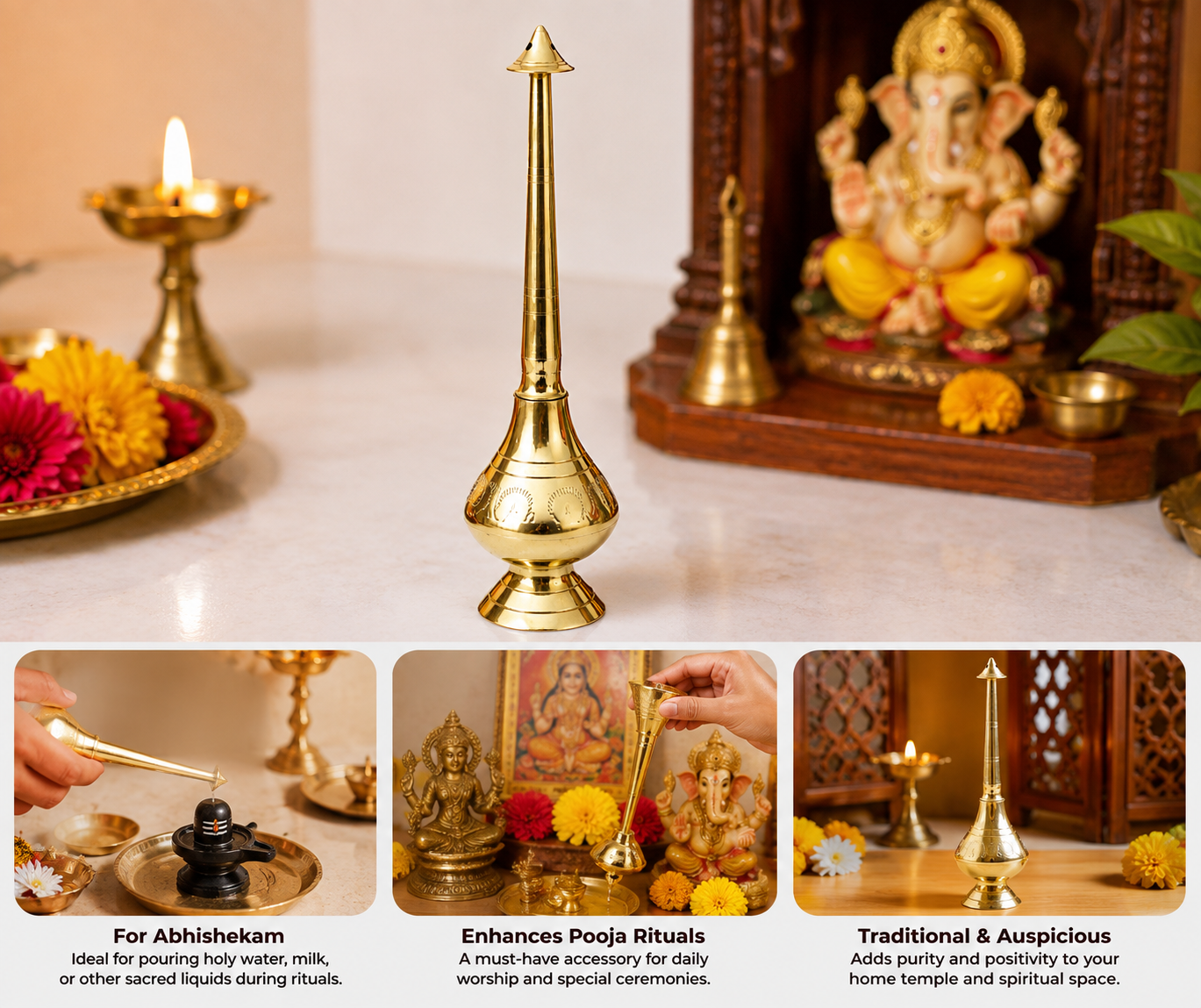 Brass Gulab Pash Sprinkler | 8 Inch | Gangajal & Perfume Bottle | 100% Pure Brass | Pooja & Temple