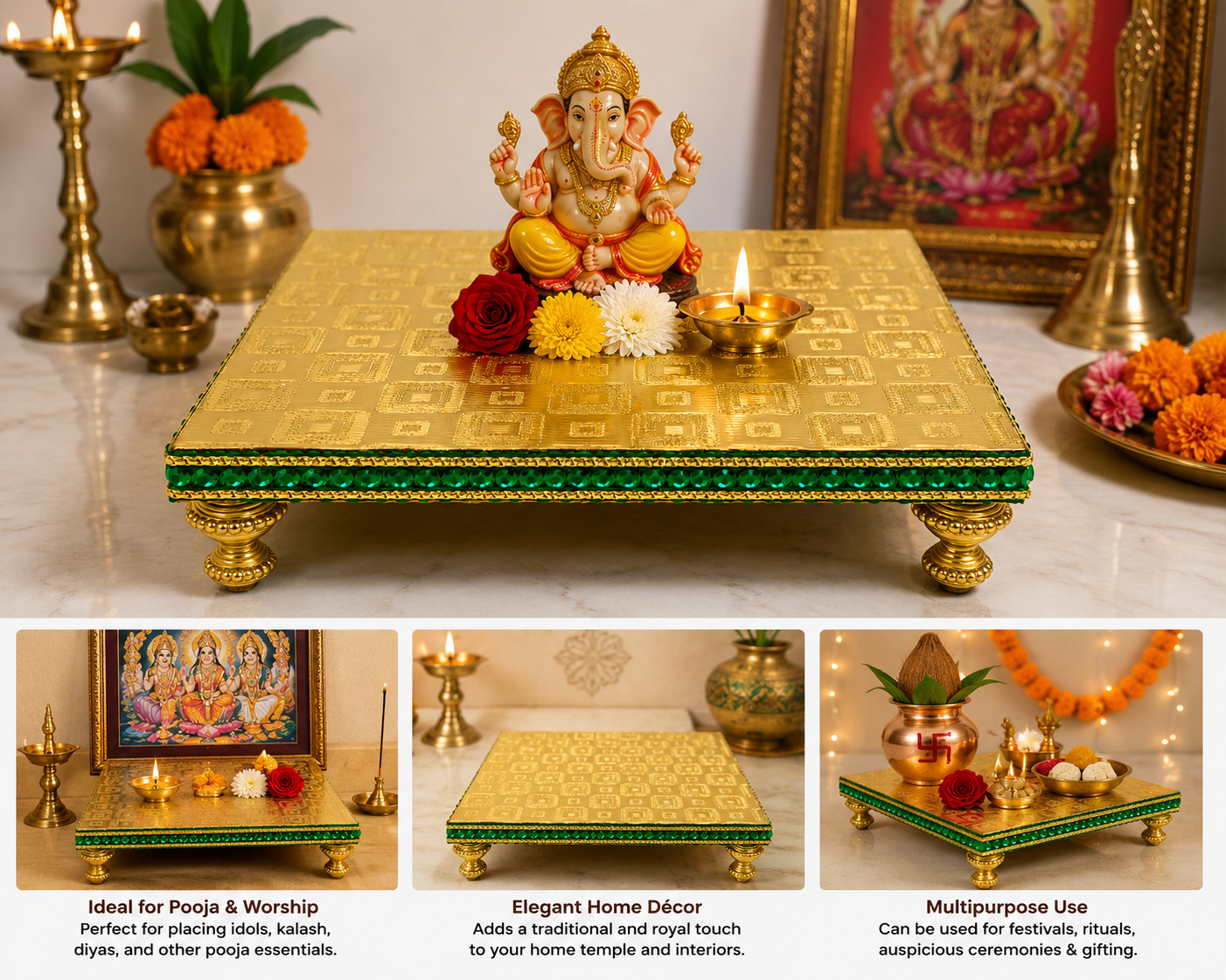 Pooja Chaurang | Wood with Golden Cover | Green Border | 6x6 Inch Square | Sacred Pooja Seat