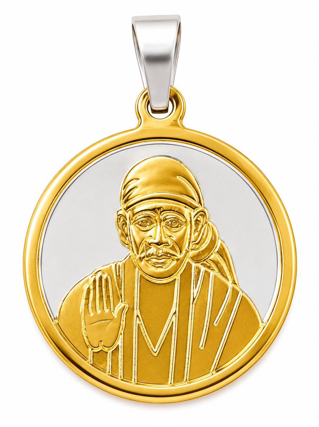 Sai Baba 2 Tone Round Pendant | 25mm | Brass Stainless Steel | Glossy Gold | Men | Everyday Wear | Never Loses Colour