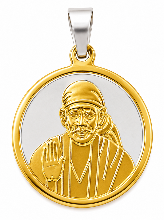 Sai Baba 2 Tone Round Pendant | 25mm | Brass Stainless Steel | Glossy Gold | Men | Everyday Wear | Never Loses Colour