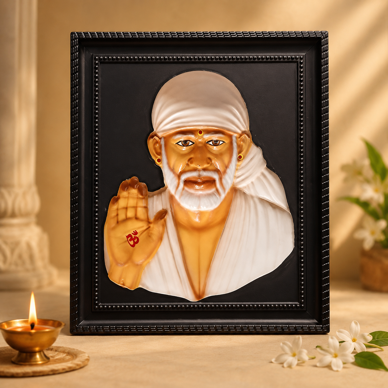 Sai Baba 3D Live Matte Finish Frame White (15 x 12 inches)