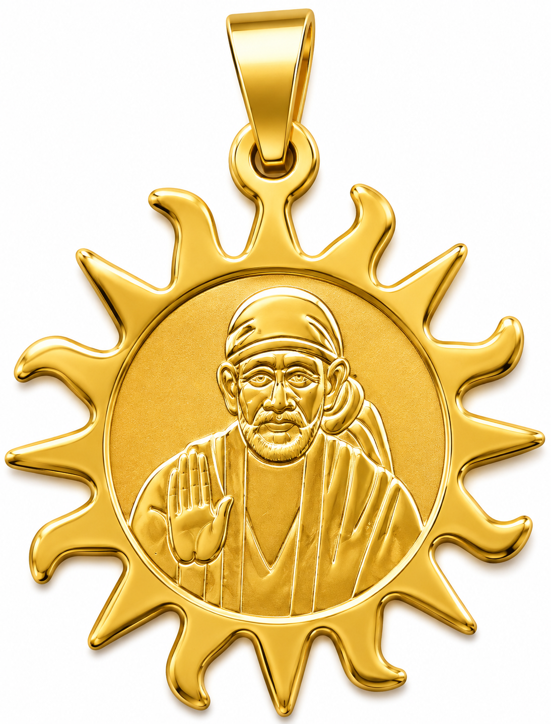Sai Baba Ashirwad Full Gold Sun Pendant | 29mm | Brass Stainless Steel | Glossy Gold | Men | Everyday Wear