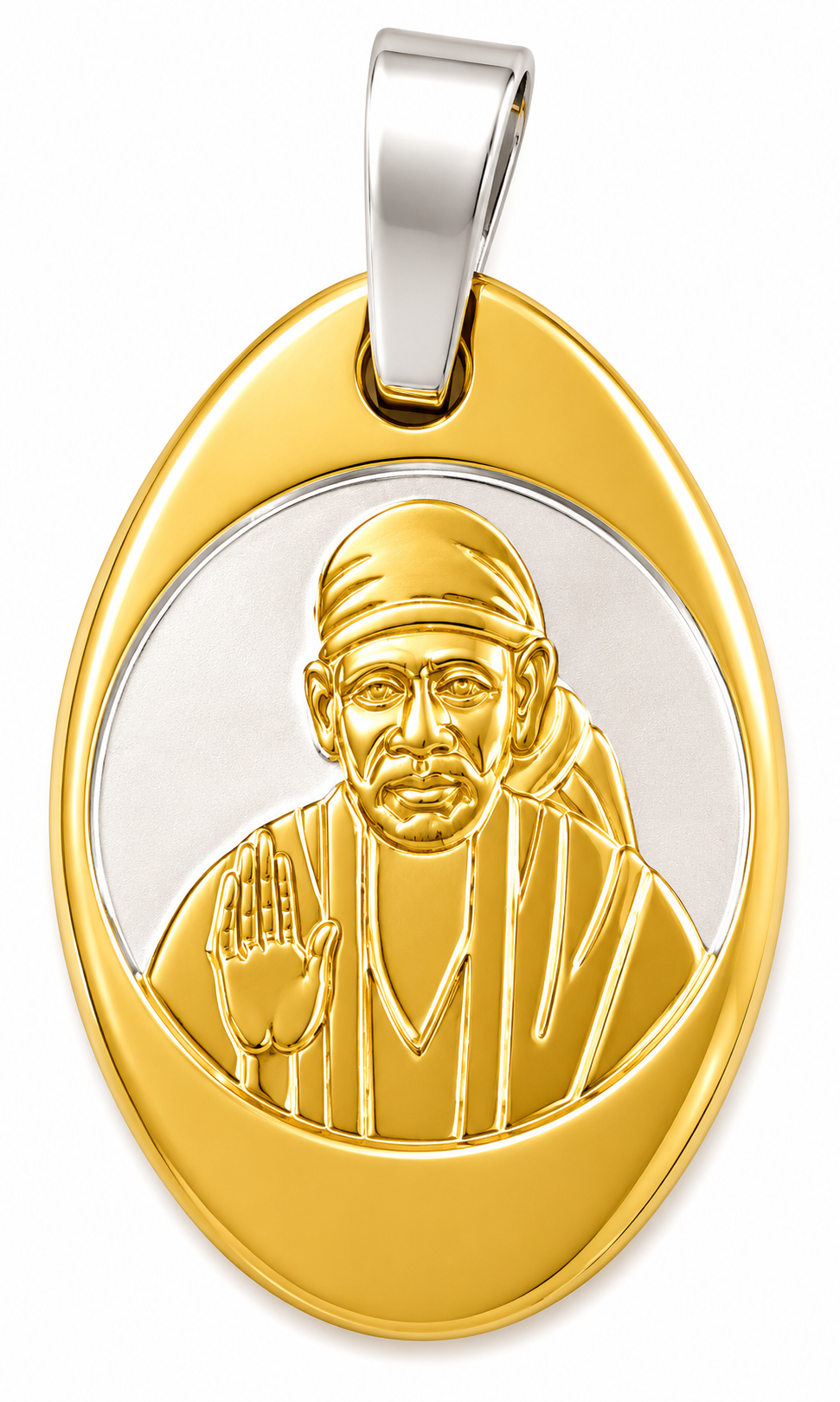 Sai Baba Ashirwad Oval 2 Tone Locket | Centre Round | 15x22mm | Brass Stainless Steel | Glossy Gold | Men & Women