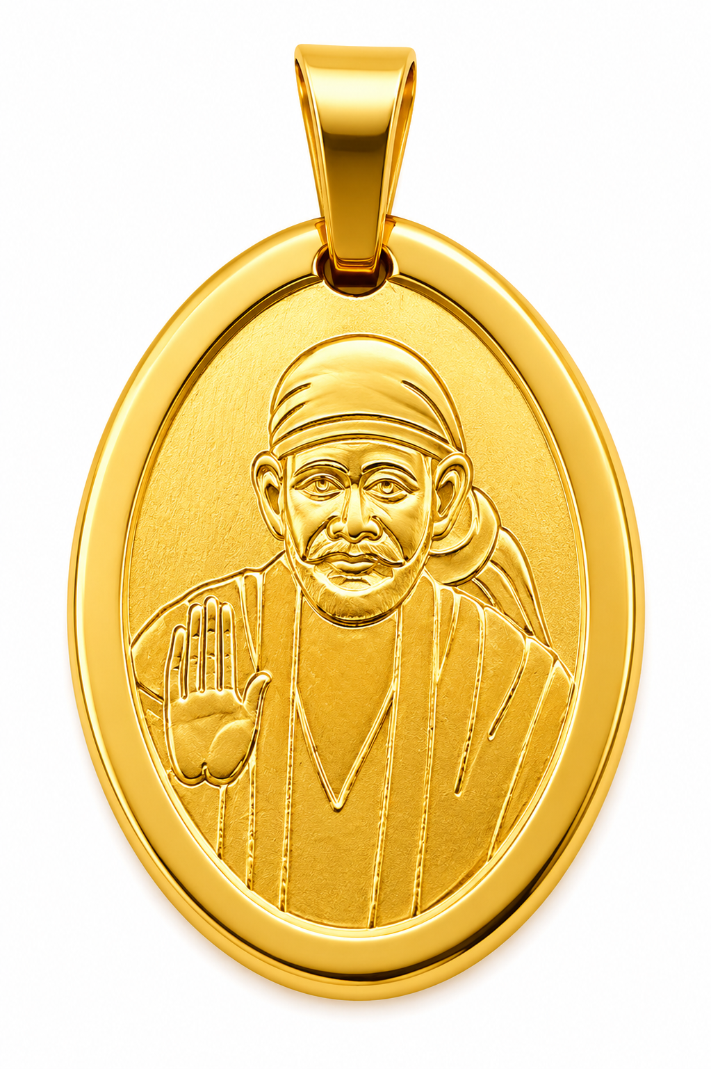 Sai Baba Ashirwad Oval Gold Pendant | 25mm | Brass Stainless Steel | Glossy Gold | Men & Women | Everyday Wear