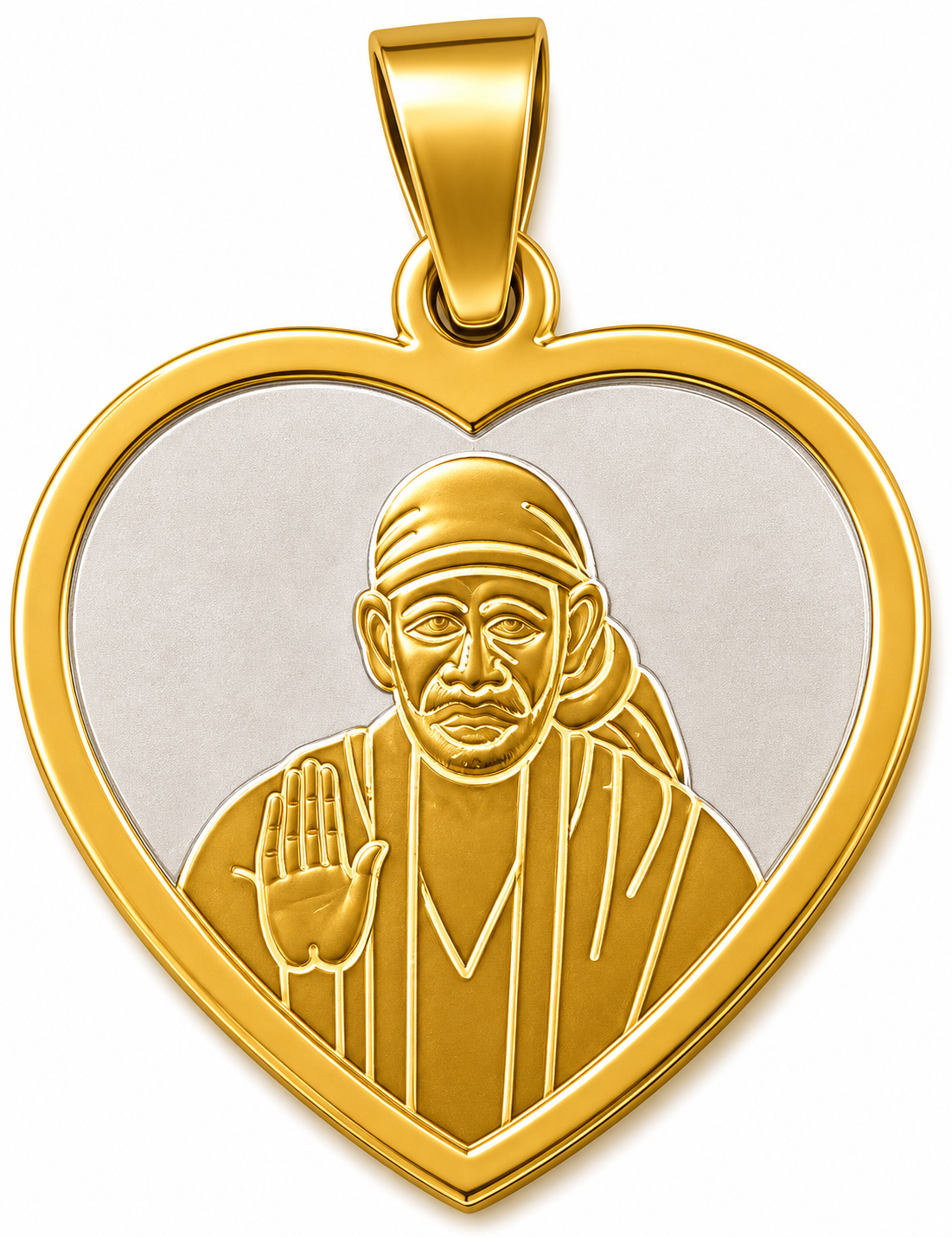 Sai Baba Ashirwad Two Tone Heart Pendant | 23x24mm | Brass Stainless Steel | Glossy Gold | Men & Women | Everyday Wear