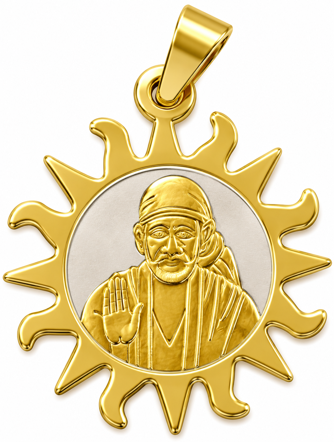 Sai Baba Ashirwad Two Tone Sun Pendant | 29mm | Brass Stainless Steel | Glossy Gold | Men | Everyday Wear