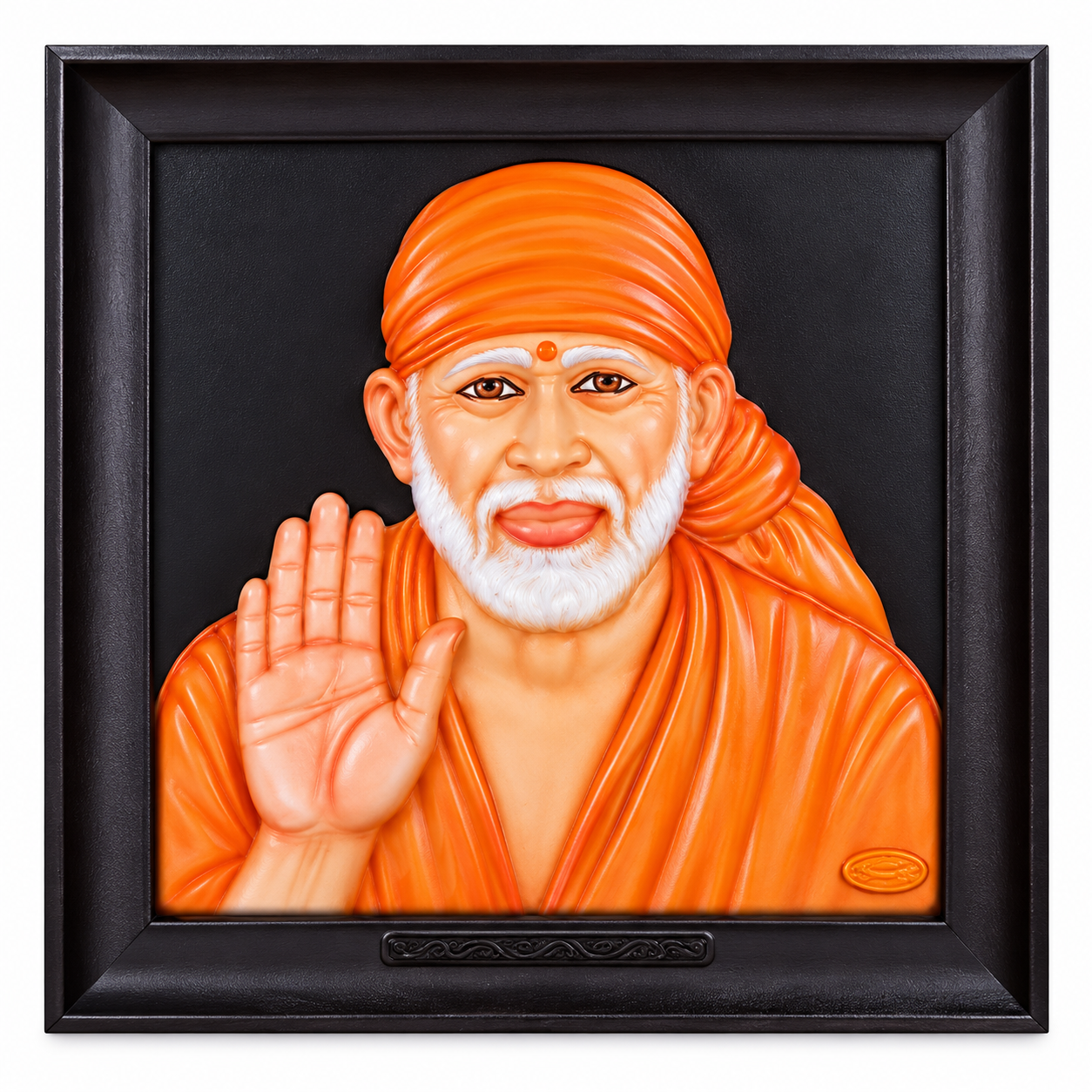 Sai Baba Blessing Marble Photo Frame | 8x10 Inch | Orange | Wood & Resin | Wall Mount | Interchangeable Mat | Modern Style