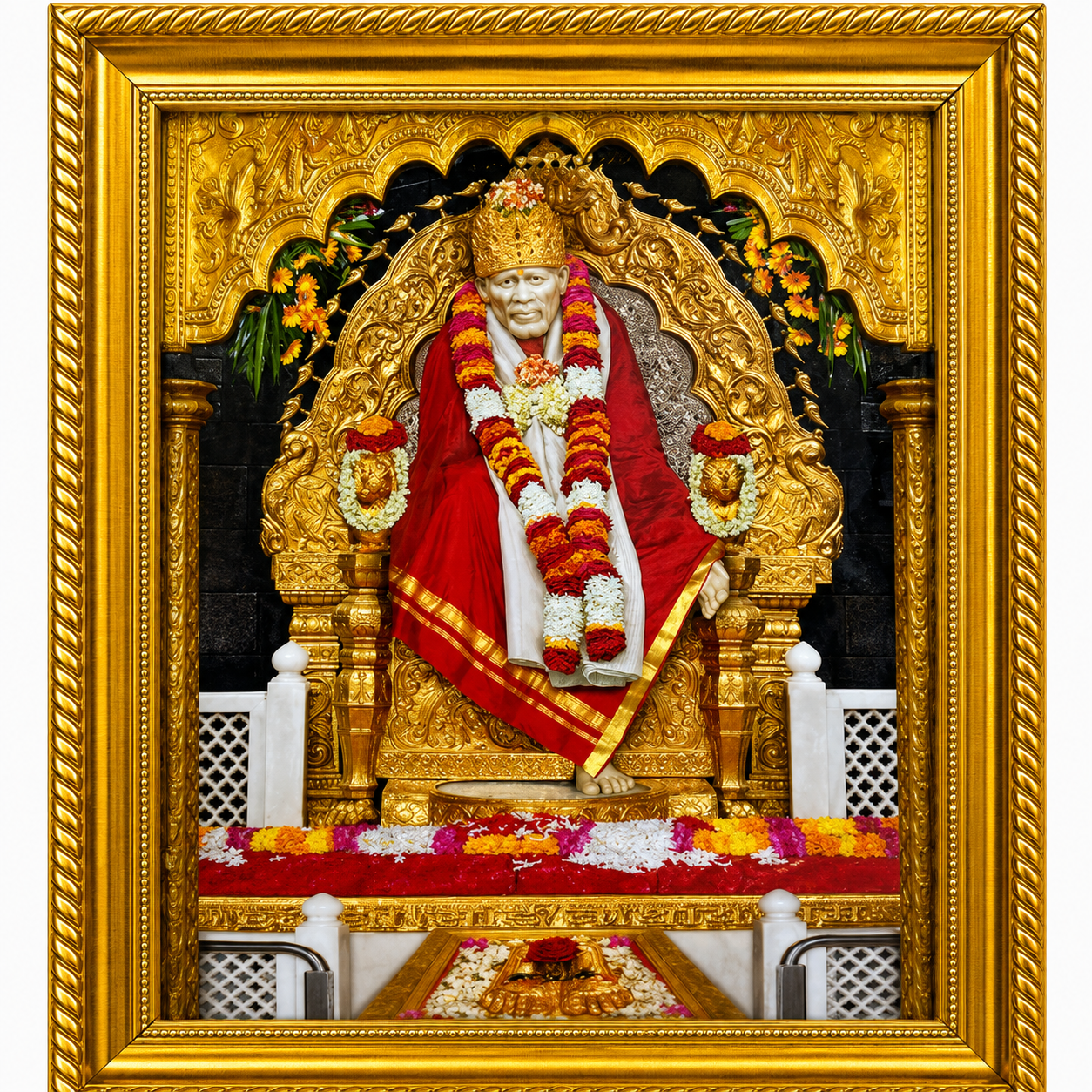 Sai Baba Framed Wall Painting | Samadhi | Red | Photo Lamination | Wood Matte Gold Frame | 6x8 Inch | Home Decor