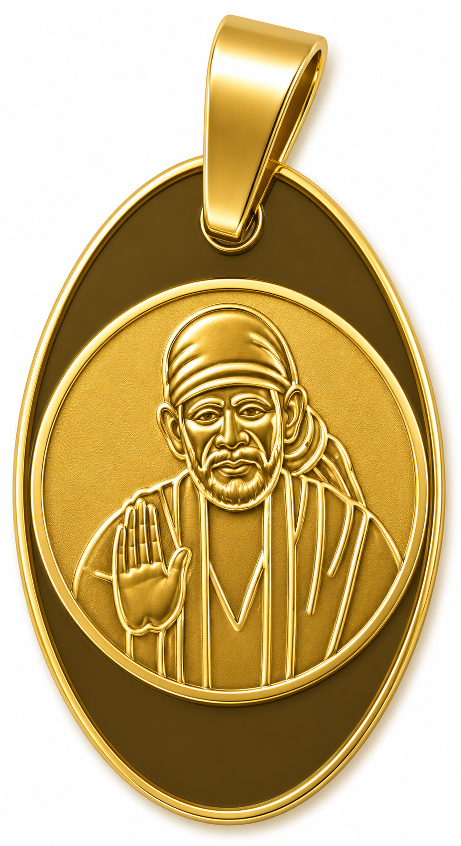 Sai Baba Full Gold Centre Round Oval Locket | 25mm | Brass Stainless Steel | Glossy Gold | Men | Everyday Wear