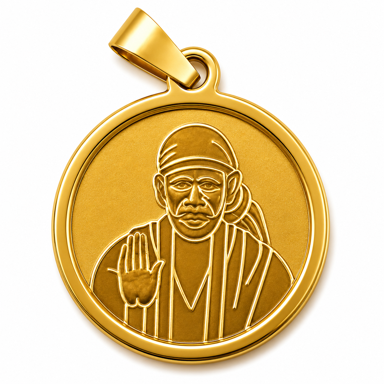 Sai Baba Full Gold Round Locket | 21mm | Brass Stainless Steel | Glossy Gold | Men | Everyday Wear
