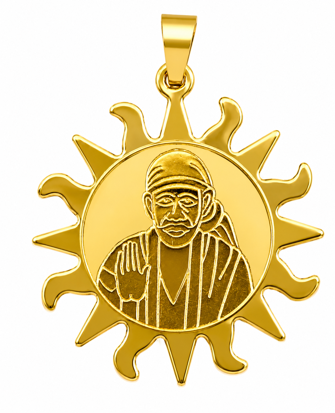 Sai Baba Gold Sun Pendant | 36mm | Brass Stainless Steel | Glossy Gold | Men’s Locket | Everyday Wear