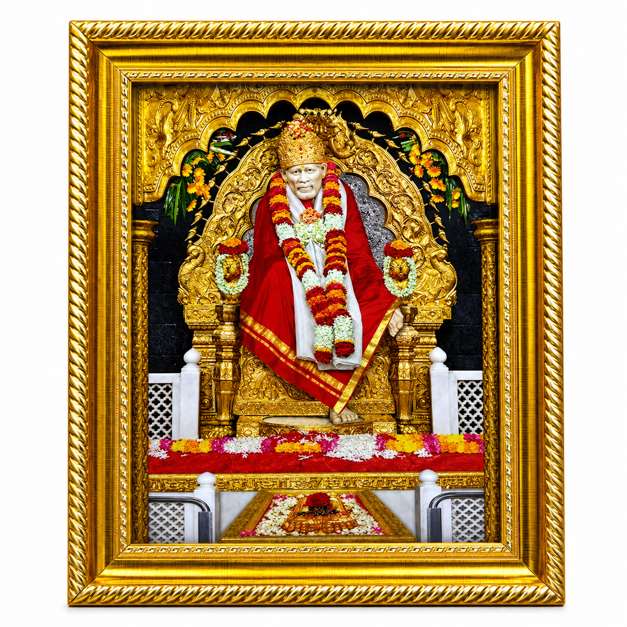 Sai Baba Palkhi Framed Wall Painting | Photo Lamination | Wood Matte Gold Frame | 10x12 Inch | Home Decor