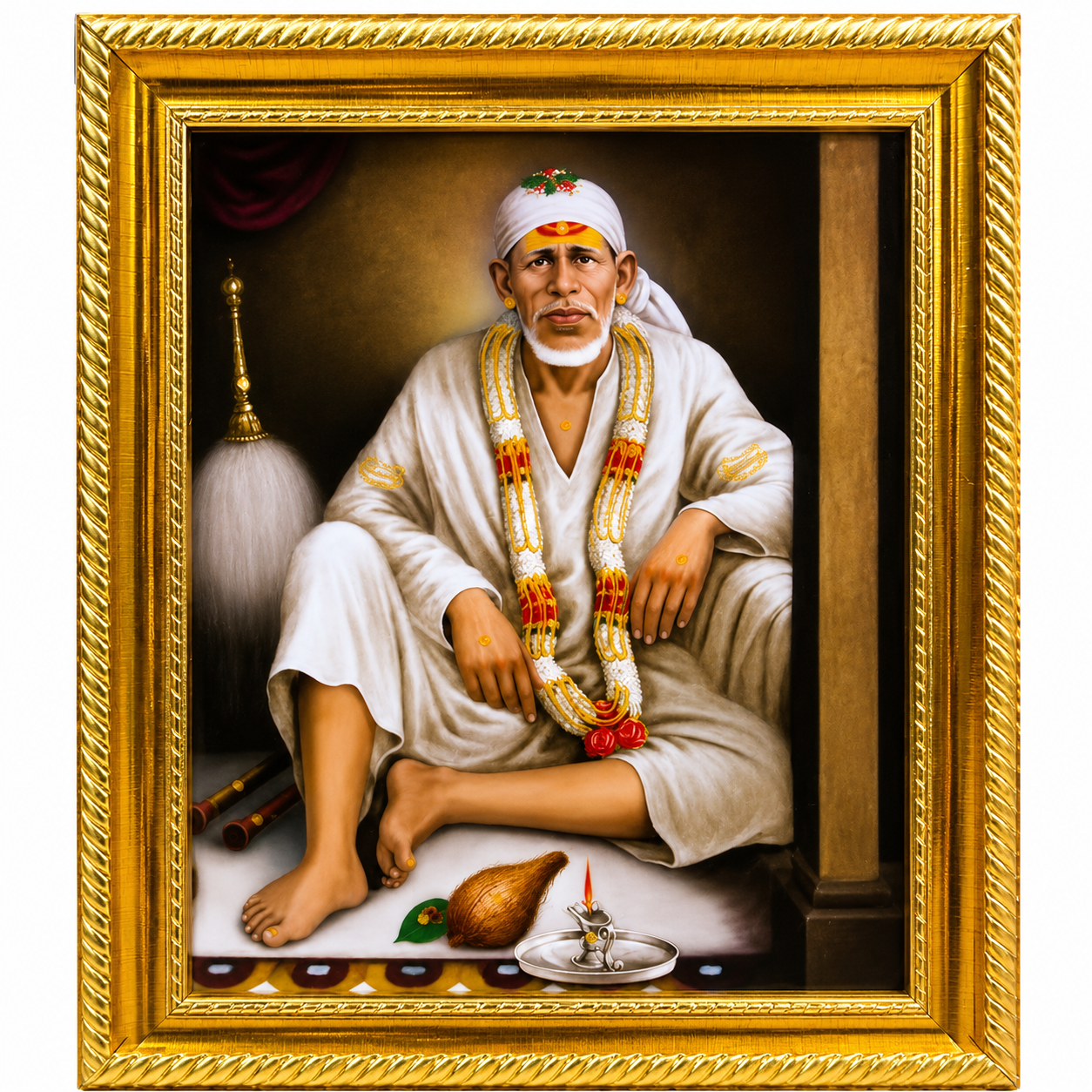 Sai Baba Shirdi Sainath Photo Frame | Dwarkamai | 6x8 Inch | Wood Lamination | Matte Gold | Antique Style | Wall Painting