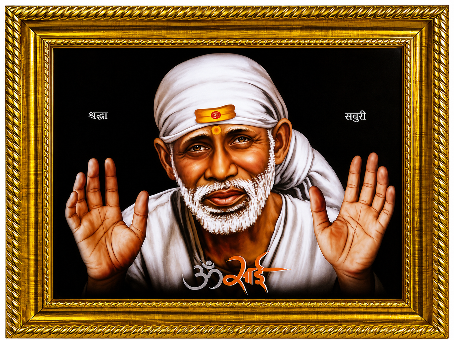 Sai Baba Shirdi Sainath Photo Frame | 2 Hand Sai | 6x8 Inch | Wood Lamination | Matte Gold | Antique Style | Wall Painting