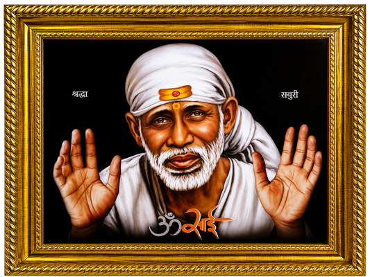 Sai Baba Shirdi Sainath Photo Frame | 2 Hand Sai | 6x8 Inch | Wood Lamination | Matte Gold | Antique Style | Wall Painting