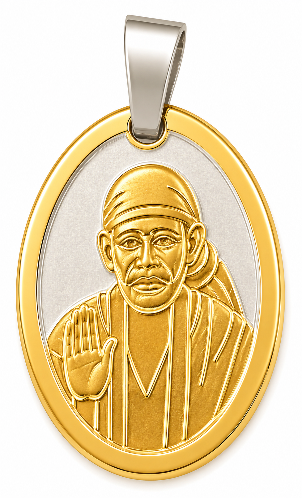 Sai Baba Two Tone Oval Locket | 27mm | Brass Stainless Steel | Glossy Gold | Men | Everyday Wear
