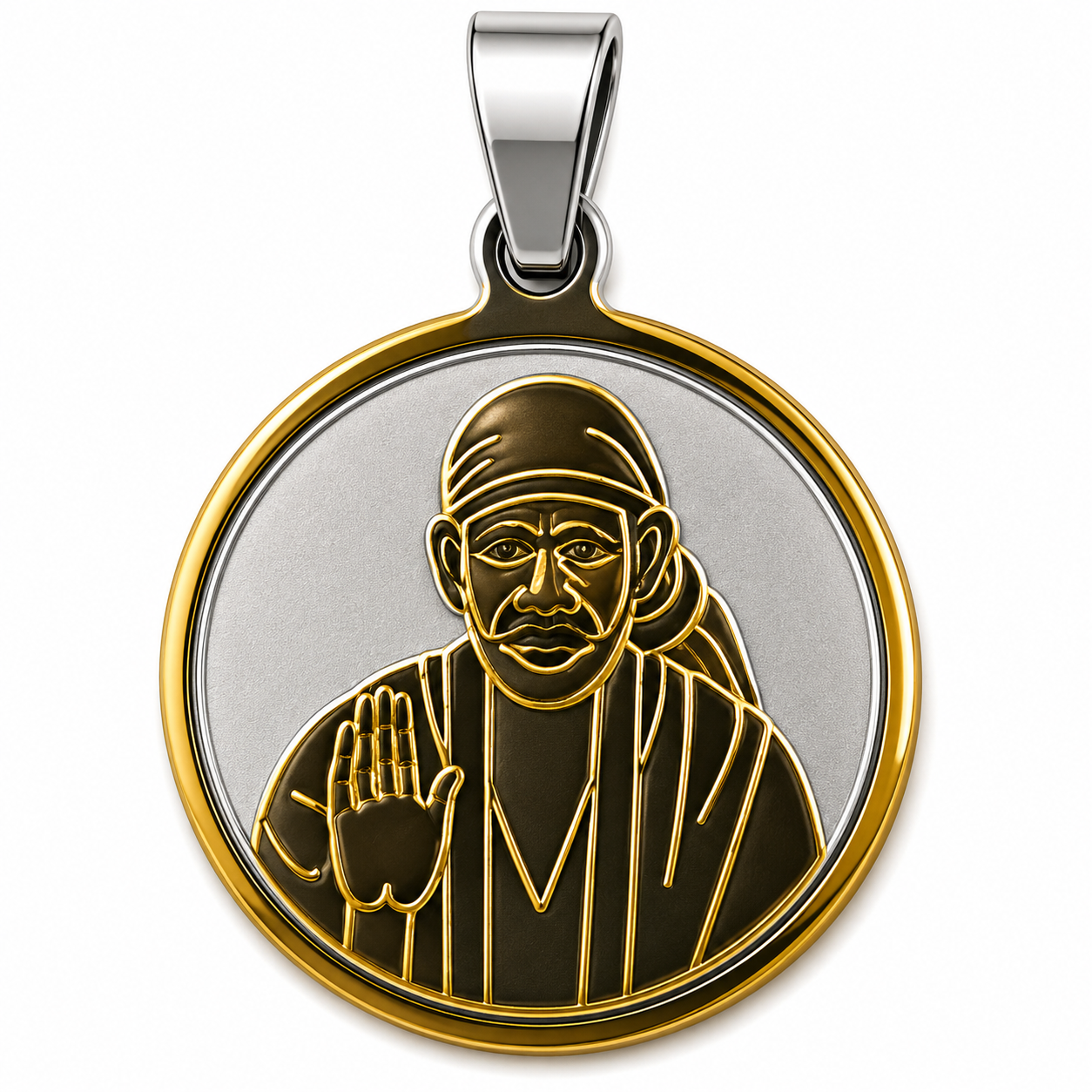Sai Baba Two Tone Plain Round Locket | 22mm | Brass Stainless Steel | Glossy Gold | Men | Everyday Wear | Never Loses Colour