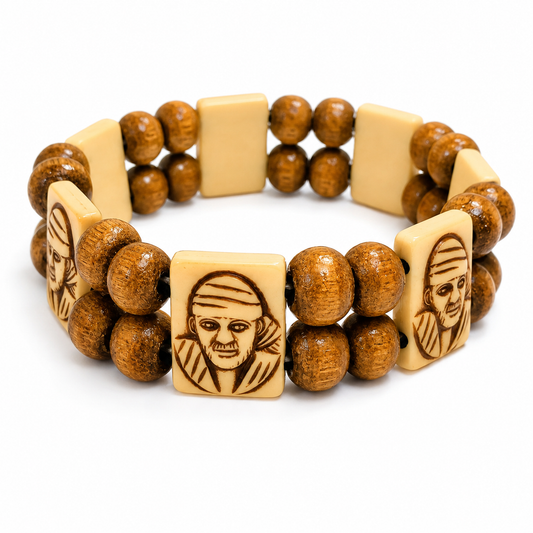 Sai Baba Wrist Bracelet | Off White & Wooden | Elastic | Daily Wear Devotional Jewellery | Divine Blessings