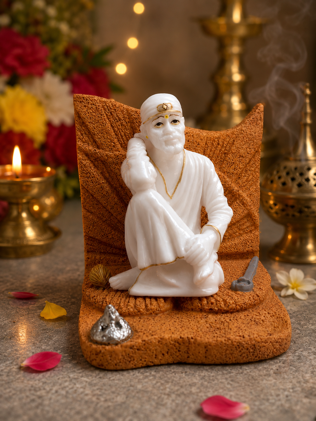 Sai Baba Dwakamai Sitting Marble Statue | Premium Devotional Idol | 4.5 x 4.5 x 4 inches | Orange, Yellow & White