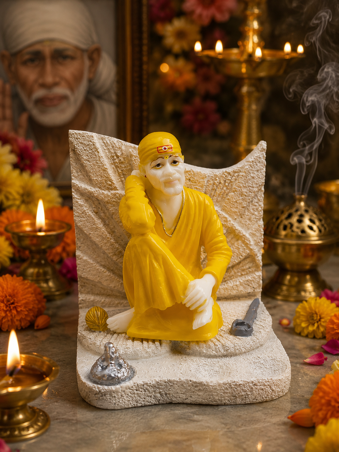 Sai Baba Dwakamai Sitting Marble Statue | Premium Devotional Idol | 4.5 x 4.5 x 4 inches | Orange, Yellow & White