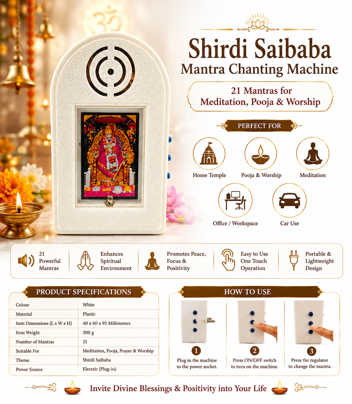 Shirdi Sai Baba Mantra Chanting Machine with 21 Mantras for Meditation, Pooja & Worship – Grey