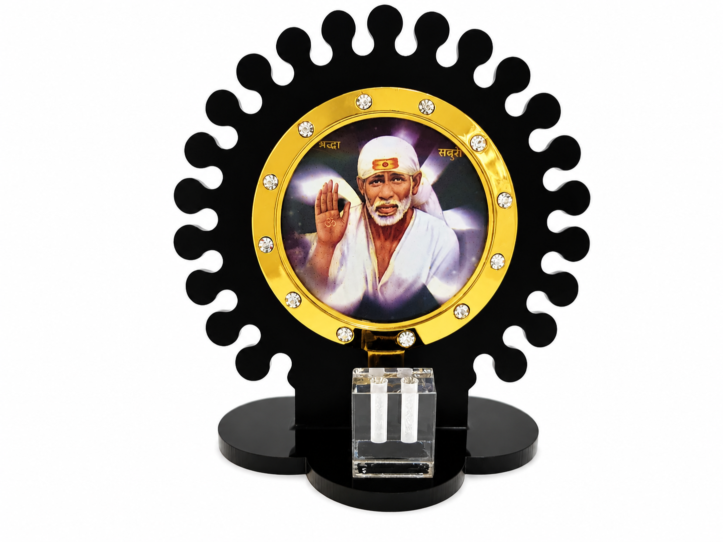 Shirdi Sai Baba Car Dashboard Stand | Black Acrylic | 8x7 cm | Devotional Car Decor Gift