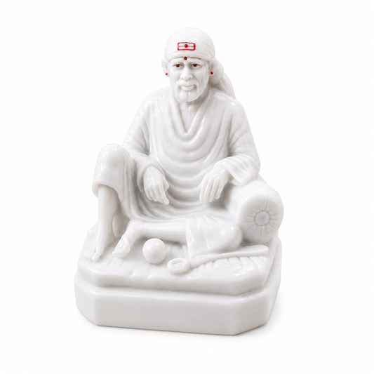 Shirdi Sai Baba Dwarkamai Sitting Idol | 7 Inch | White Marble Finish | Premium Home Mandir