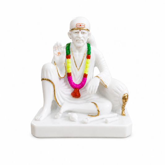 Shirdi Sai Baba Dwarkamai Sitting Idol with Blessing Hand | 6 Inch | White Marble Finish