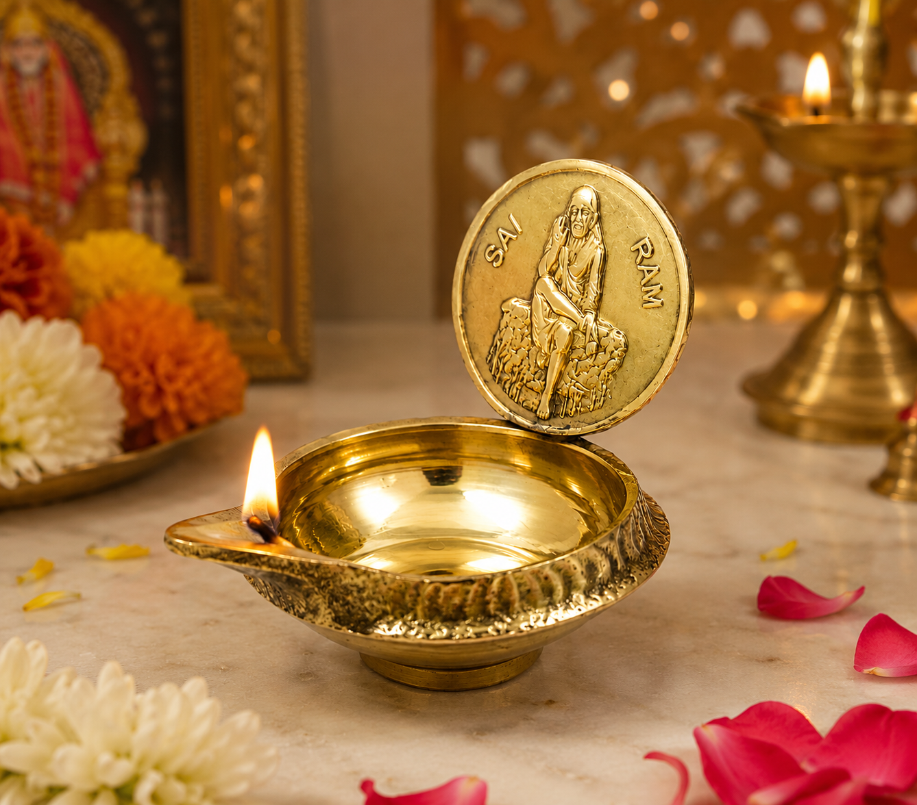 Shirdi Sai Baba Figure Diya | Brass | Golden | 4 CM Sitting Style | Pooja Home Decor & Diwali Gift