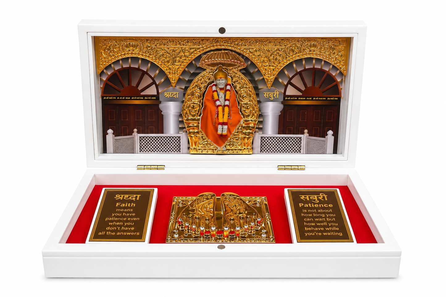 Shirdi Sai Baba with Charan Padukas Gift Box | Gold Plated | 4x6 Inch | Birthday & Office Party Gift