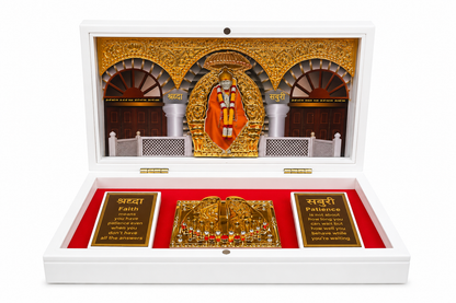 Shirdi Sai Baba with Charan Padukas Gift Box | Gold Plated | 4x6 Inch | Birthday & Office Party Gift