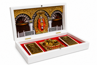Shirdi Sai Baba with Charan Padukas Gift Box | Gold Plated | 4x6 Inch | Birthday & Office Party Gift