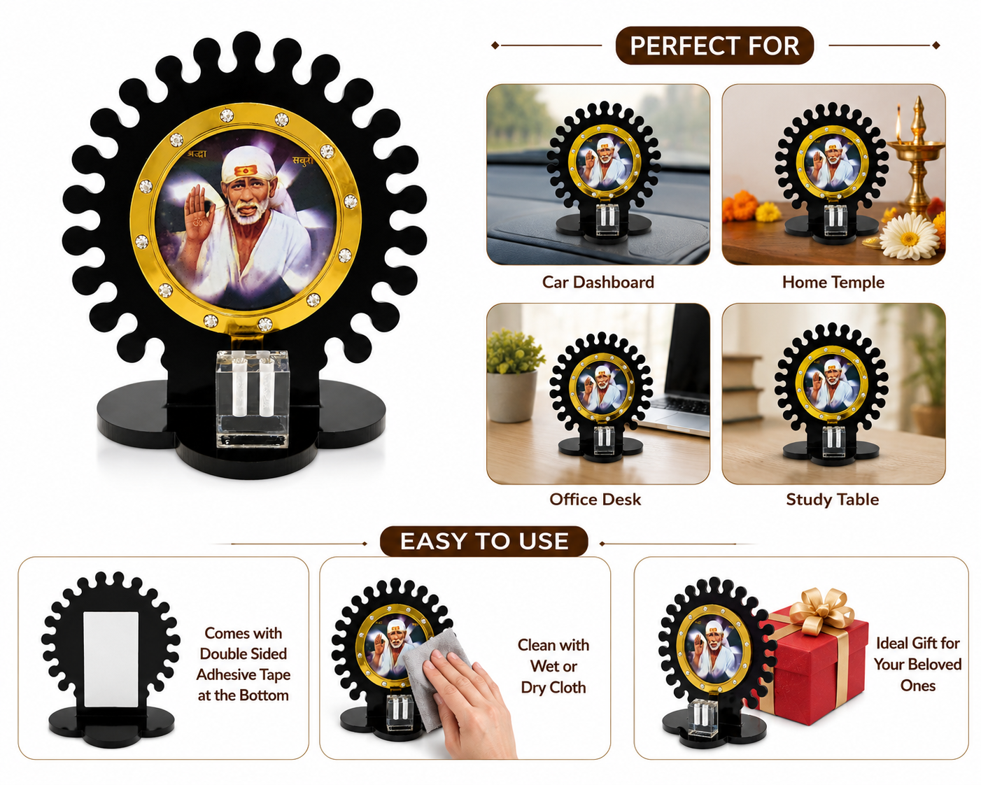 Shirdi Sai Baba Car Dashboard Stand | Black Acrylic | 8x7 cm | Devotional Car Decor Gift