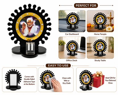 Shirdi Sai Baba Car Dashboard Stand | Black Acrylic | 8x7 cm | Devotional Car Decor Gift
