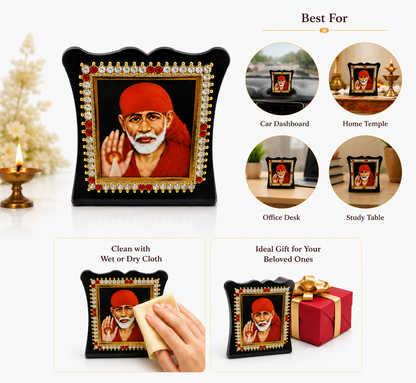 Shirdi Sai Baba Square Acrylic Car Dashboard Stand | Black Dagad | 2 Inch | 6.5x7.5 cm