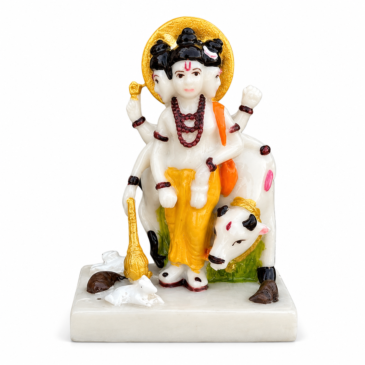Shri Dattatreya Statue with Cow | Antique Marble Finish | Multicolour | 6x4x9 CM | Car Dashboard & Home Decor Gift