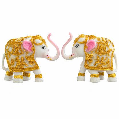 White & Gold Elephant Showpiece | Pack of 2 | 5 Inch | Marble Resin | Vastu & Feng Shui | Home, Office & Gifting