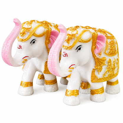 White & Gold Elephant Showpiece | Pack of 2 | 5 Inch | Marble Resin | Vastu & Feng Shui | Home, Office & Gifting