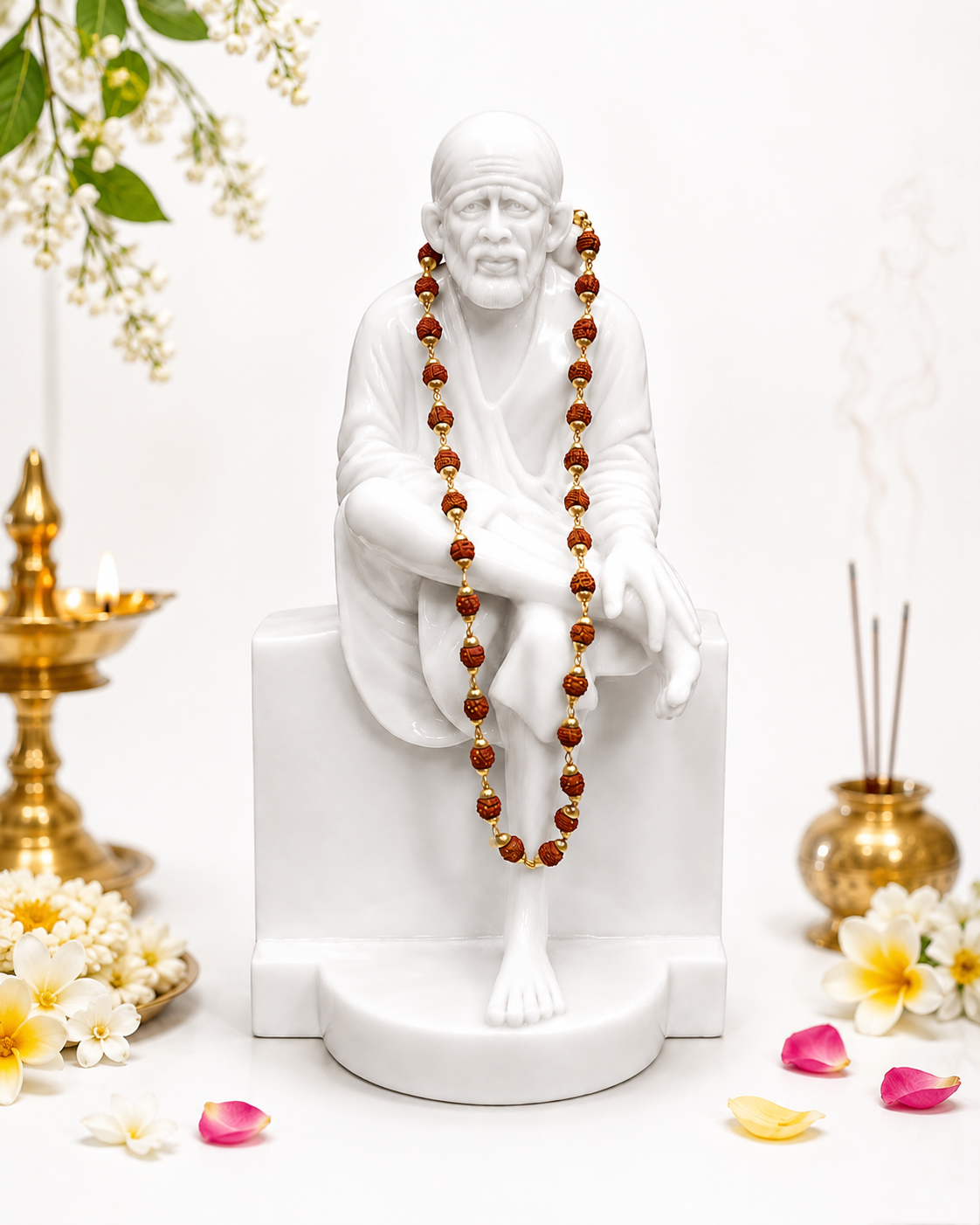 Sacred Sai Baba Marble Dust Murti – Graceful White Spiritual Showpiece with Rudraksha Mala for Home & Mandir