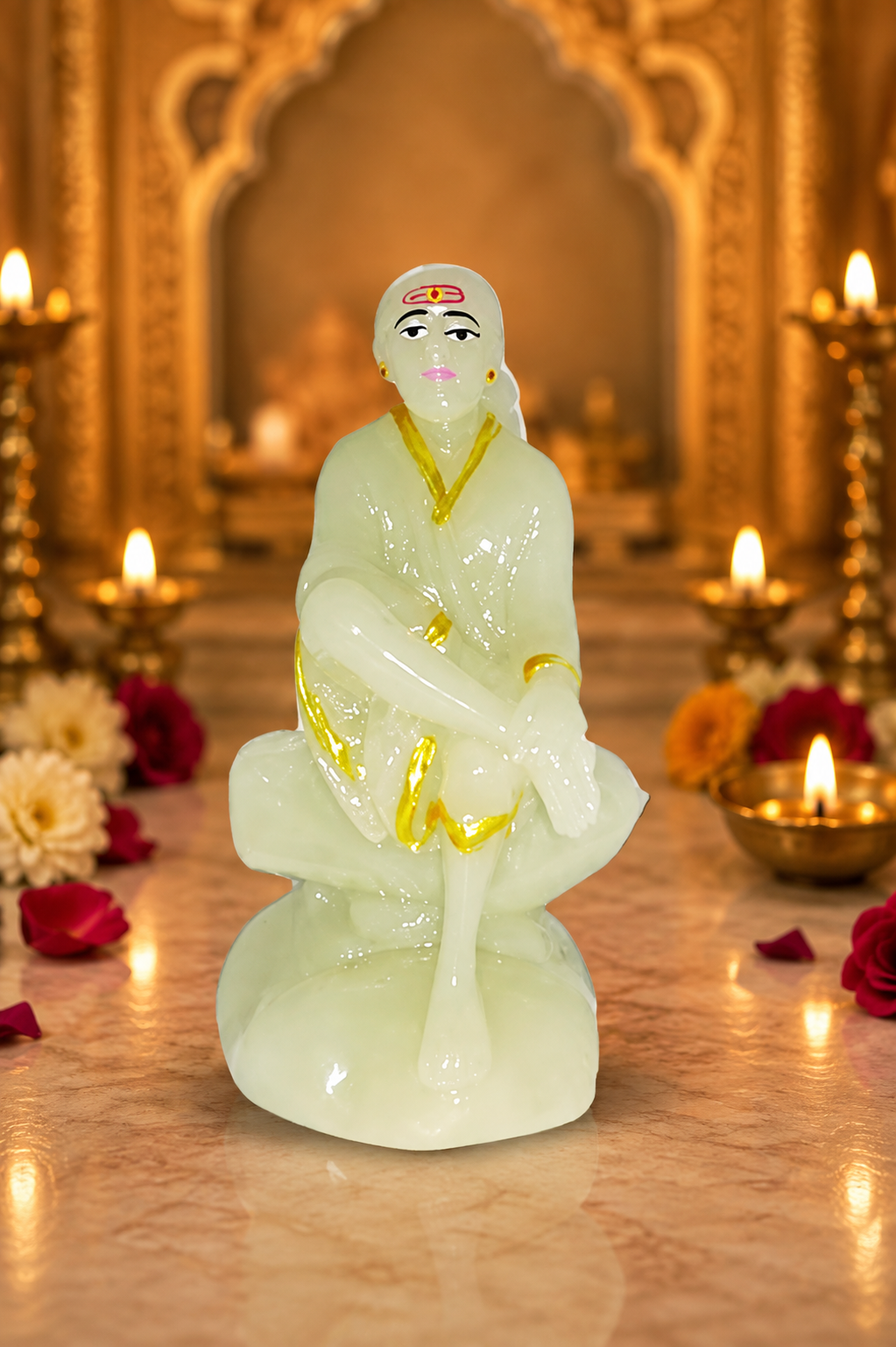 Divine Sai Baba Radium Stone Idol – Luminous Spiritual Murti for Mandir, Prayer Corner & Sacred Décor