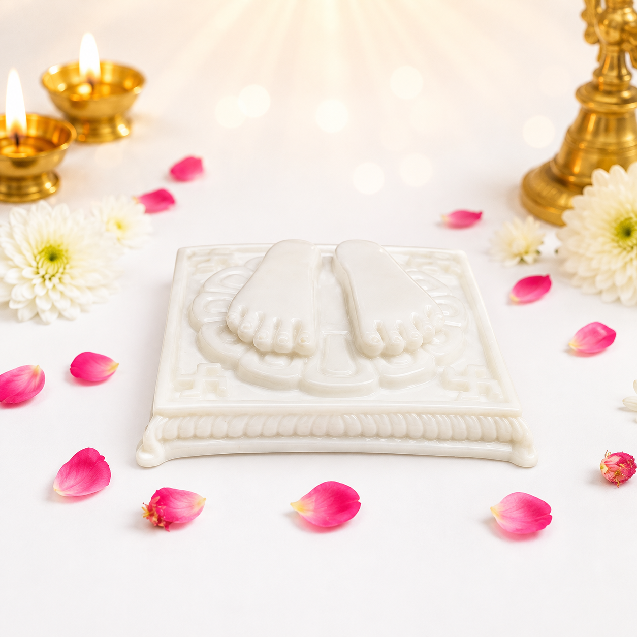 Sacred Charan Paduka Marble Finish for Pooja & Home Mandir – Super White, 14 × 14 cm