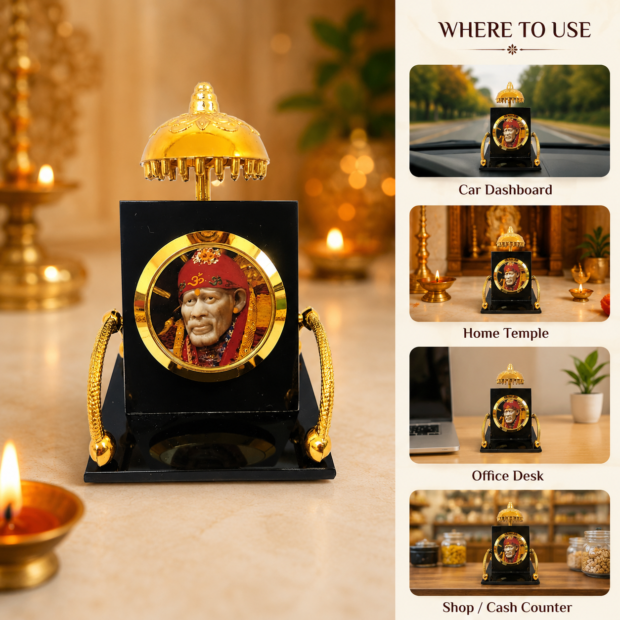 Shirdi Sai Baba Car Dashboard Stand with Golden Umbrella | Black & Gold Devotional Tabletop Decor