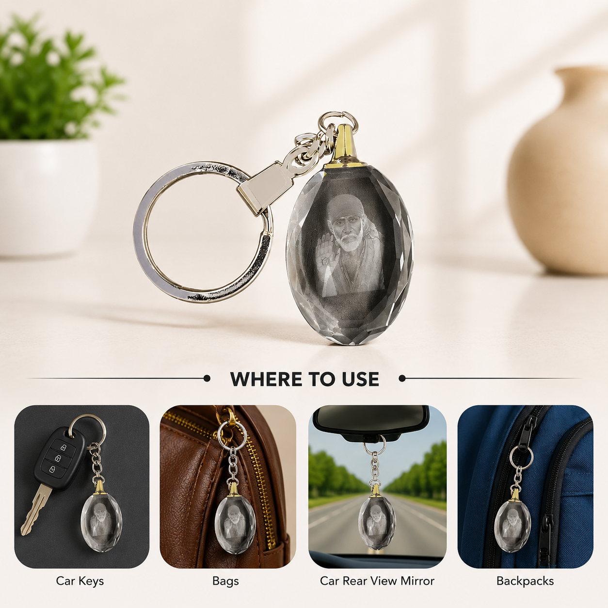 Shirdi Sai Baba Oval Crystal Keychain | Devotional Key Ring for Car, Bike, Home Keys & Bags