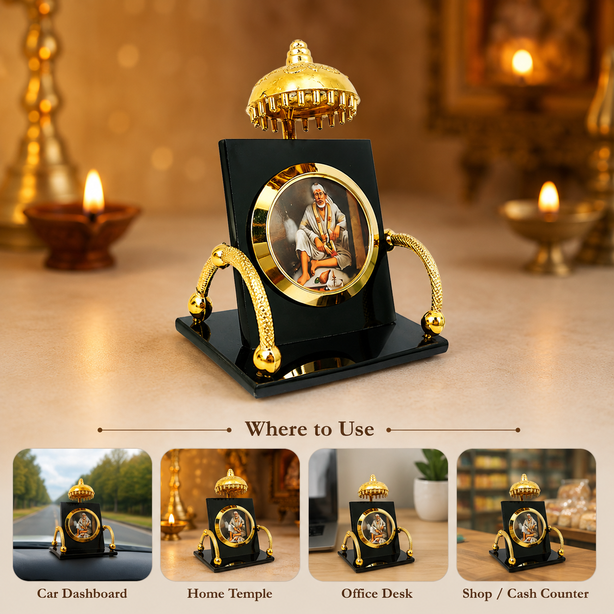 Shirdi Sai Baba Car Dashboard Stand with Golden Umbrella | Devotional Car, Home & Office Decor