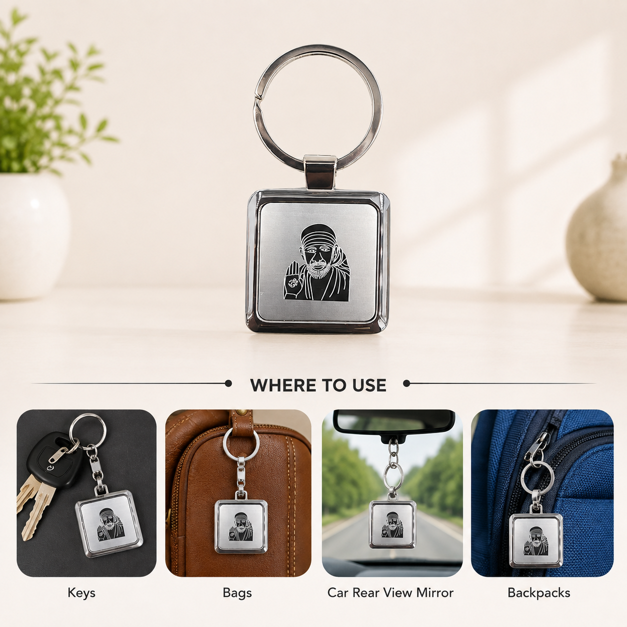 Shirdi Sai Baba Square Silver-Finish Keychain for Bike, Car, Keys & Bags