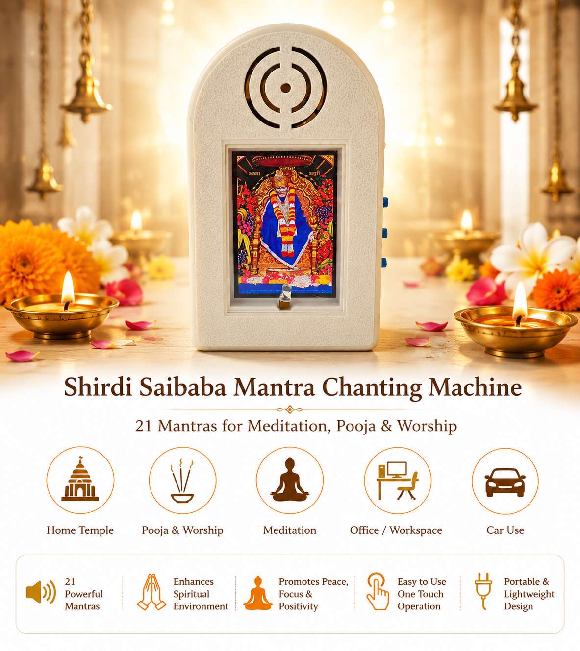 Shirdi Saibaba Mantra Chanting Machine Box with 21 Mantras for Meditation, Pooja & Worship – White